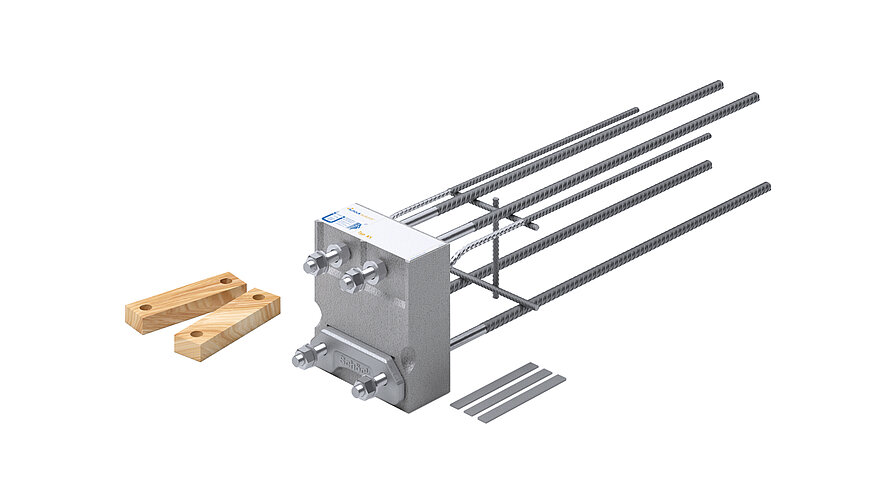 Das tragende Wärmedämmelement Isokorb Typ KS garantiert einen wärmebrückenarmen Anschluss von frei auskragenden Stahlträgern an Stahlbetondecken. Foto: Schöck Bauteile GmbH, Abdruck honorarfrei.