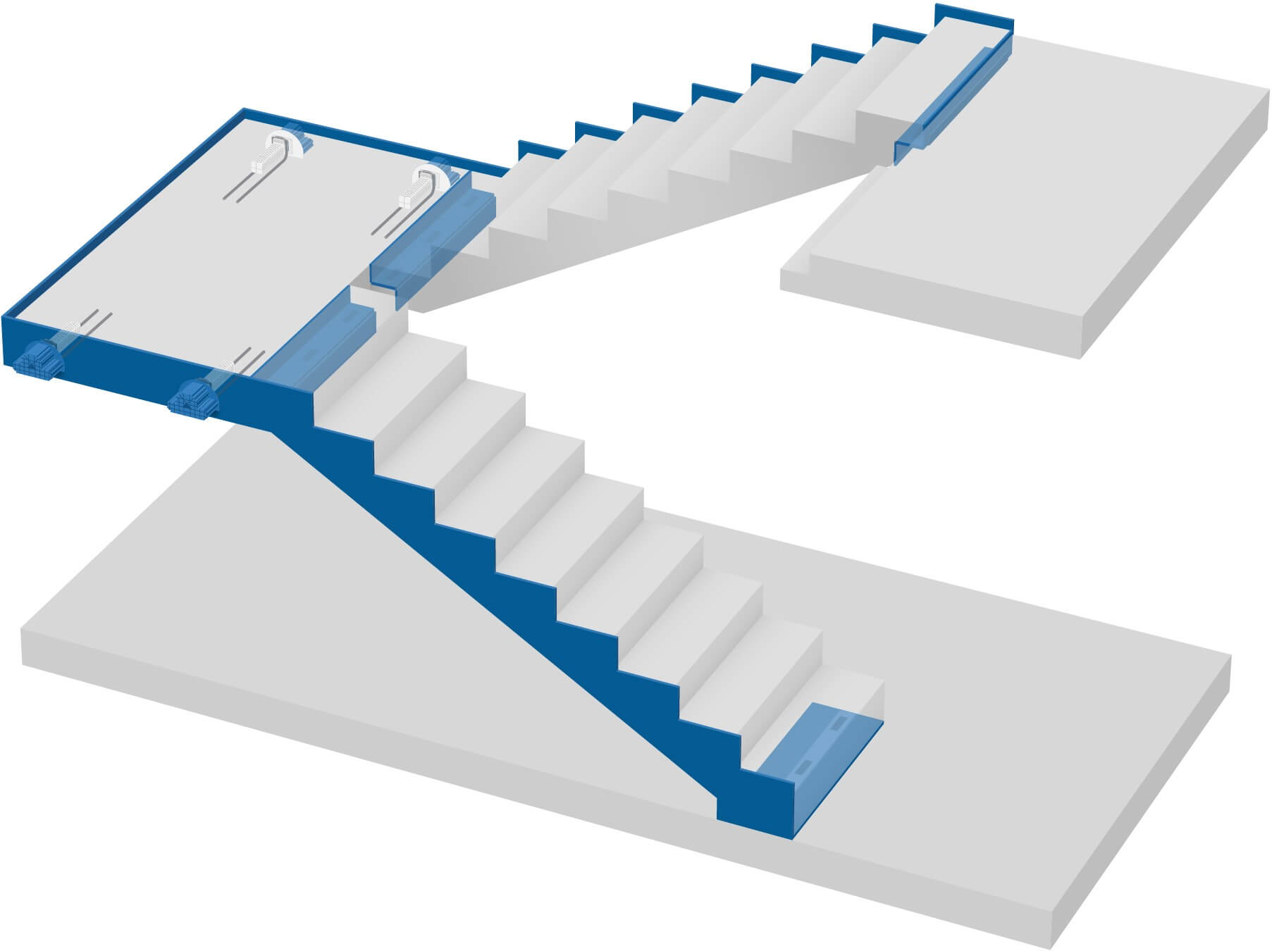 Tramo de escalera recto, tramo de escalera y tarima desacoplados: optimización para pieza prefabricada
