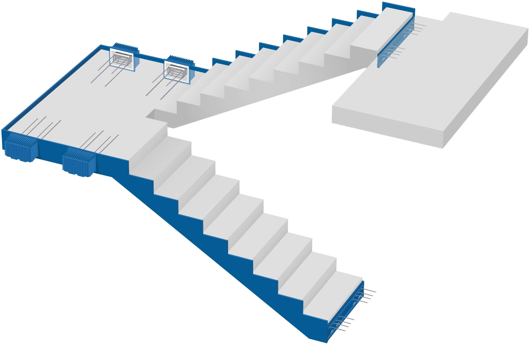 Tramo de escalera recto, tramo de escalera y tarima desacoplados: optimización para hormigón in situ